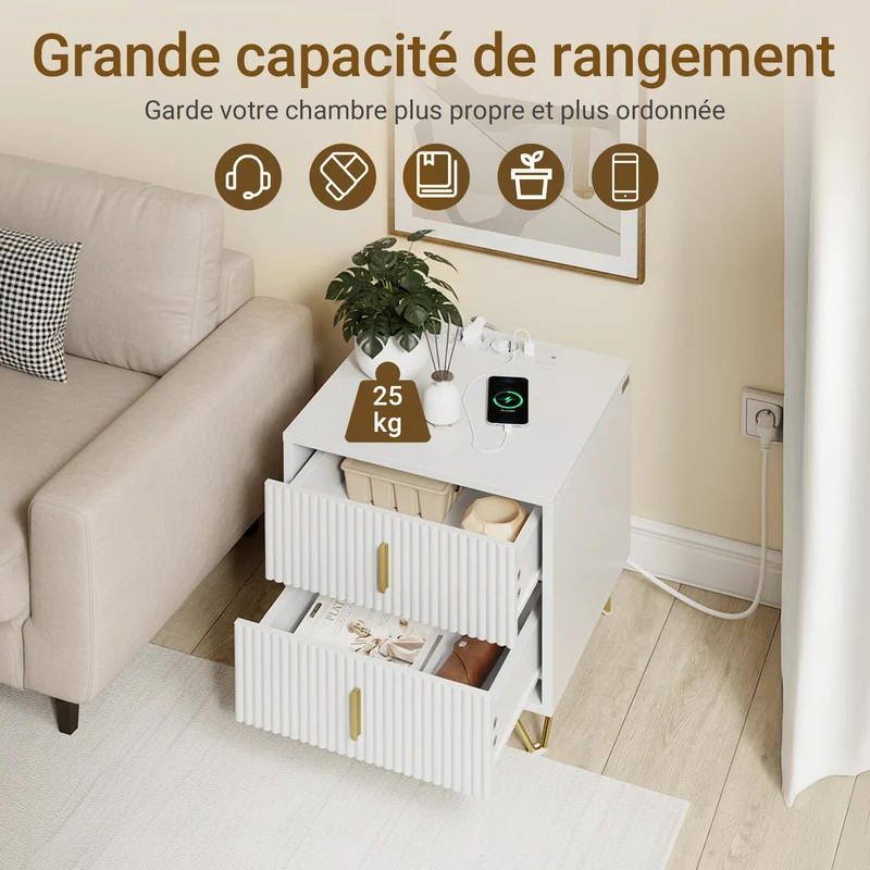 SoBuy FBT115-E-W Table de Chevet avec Prise Intégrée 4-en-1 – 2 Prises, USB, Type-C, 2 Tiroirs, Poignées Dorées, Blanc
