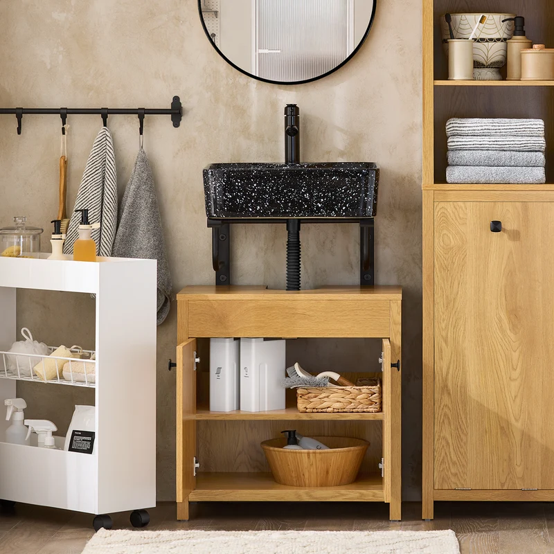 SoBuy BZR98-SN Meuble sous-Lavabo, Meuble sous-Vasque à 2 étages réglable et 2 Portes de Salle de Bain