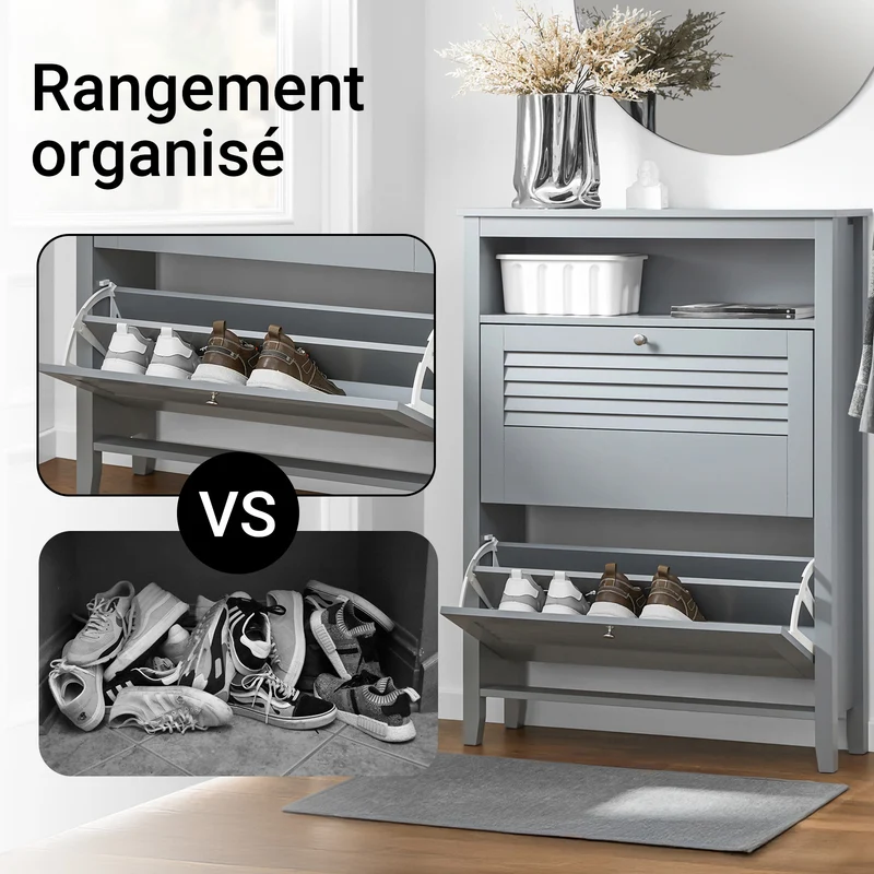SoBuy FSR152-HG Armoire à Chaussures 2 Abattants, Rangement pour Entrée Couloir – 80x25x108 cm, Gris