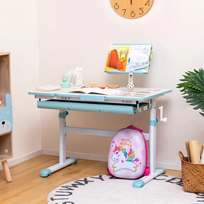 Costway - Bureau Enfant, Bureau enfant Primaire, avec Hauteur Réglable, Plateau Incliné 0-60° Support de Livre & Tiroir pour Enfants de 3-12 Ans, Bleu