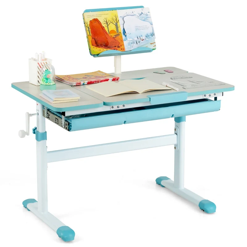 Costway - Bureau Enfant, Bureau enfant Primaire, avec Hauteur Réglable, Plateau Incliné 0-60° Support de Livre & Tiroir pour Enfants de 3-12 Ans, Bleu
