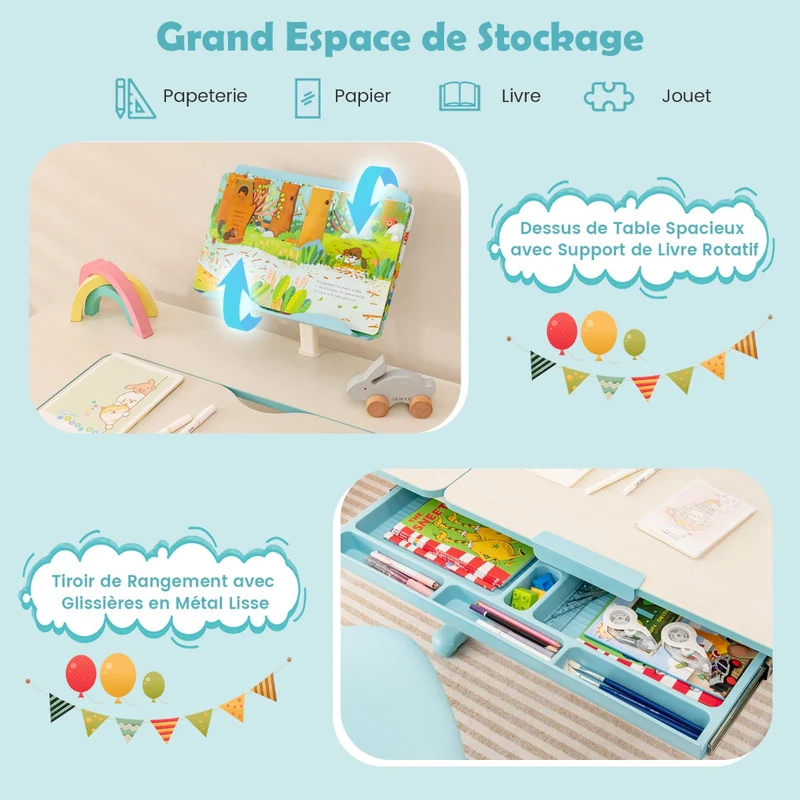 Costway - Bureau Enfant, Bureau enfant Primaire, avec Hauteur Réglable, Plateau Incliné 0-60° Support de Livre & Tiroir pour Enfants de 3-12 Ans, Bleu