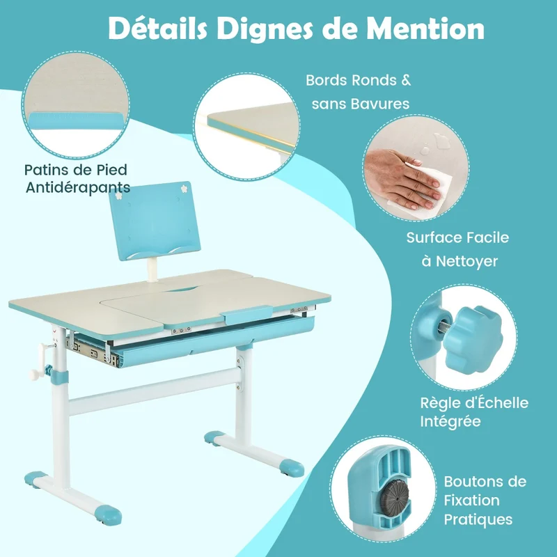 Costway - Bureau Enfant, Bureau enfant Primaire, avec Hauteur Réglable, Plateau Incliné 0-60° Support de Livre & Tiroir pour Enfants de 3-12 Ans, Bleu