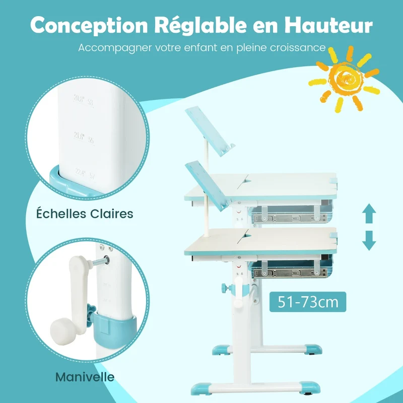 Costway - Bureau Enfant, Bureau enfant Primaire, avec Hauteur Réglable, Plateau Incliné 0-60° Support de Livre & Tiroir pour Enfants de 3-12 Ans, Bleu