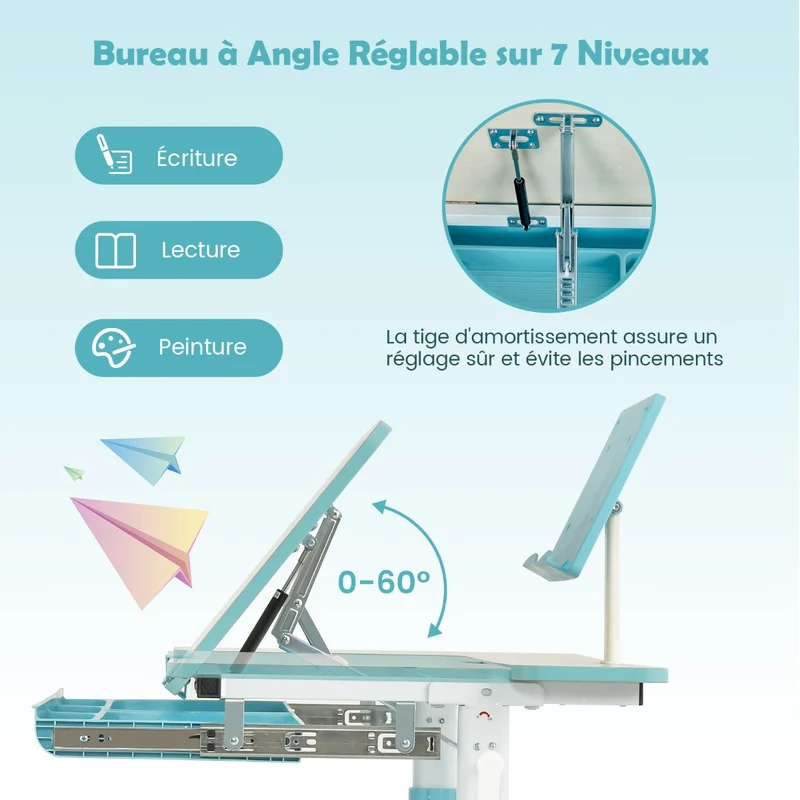 Costway - Bureau Enfant, Bureau enfant Primaire, avec Hauteur Réglable, Plateau Incliné 0-60° Support de Livre & Tiroir pour Enfants de 3-12 Ans, Bleu