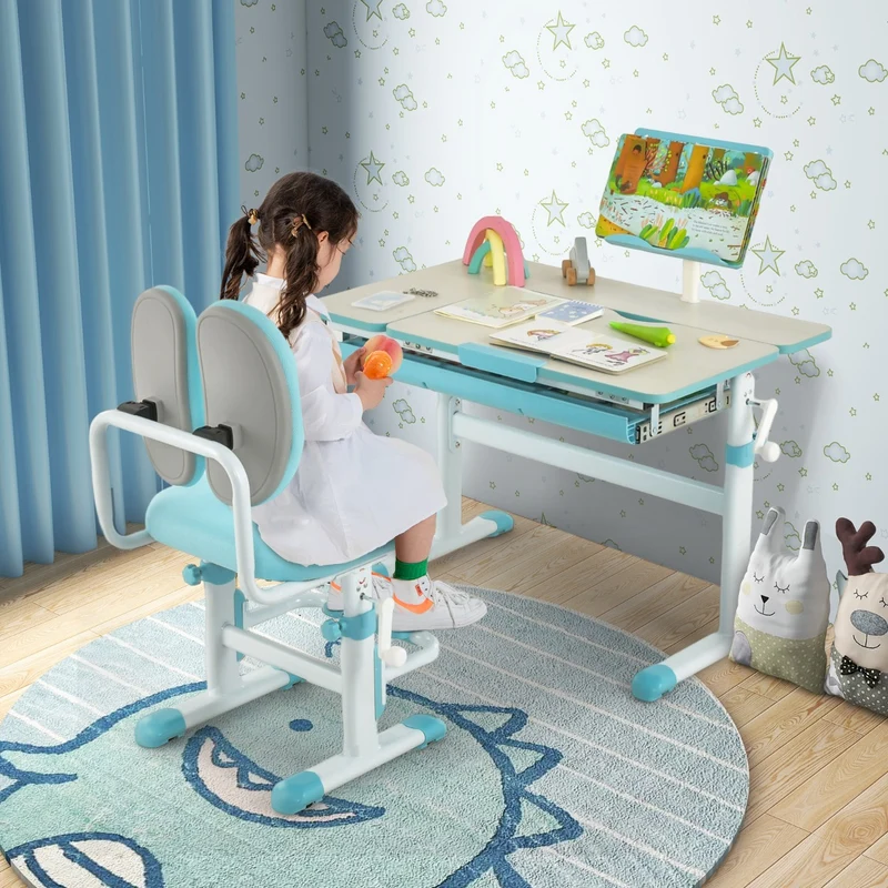 Costway - Bureau Enfant, Bureau enfant Primaire, avec Hauteur Réglable, Plateau Incliné 0-60° Support de Livre & Tiroir pour Enfants de 3-12 Ans, Bleu