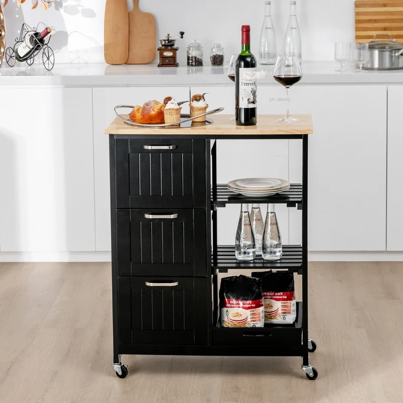 Costway - Chariot de Rangement, 3 Tiroir, 3 Niveaux, Ilot de Cuisine, Desserte a Roulette, Desserte Cuisine, Desserte micro onde, Noir