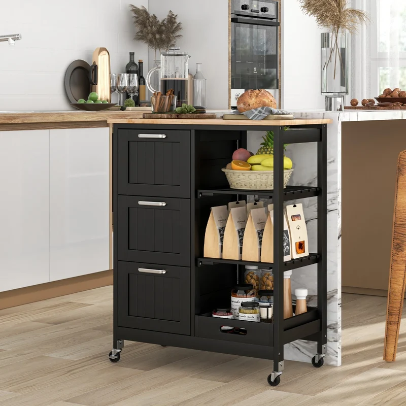 Costway - Chariot de Rangement, 3 Tiroir, 3 Niveaux, Ilot de Cuisine, Desserte a Roulette, Desserte Cuisine, Desserte micro onde, Noir