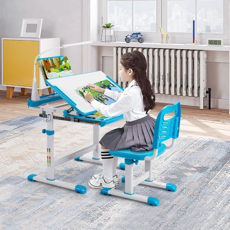 Costway - Bureau Enfant, Chaise Enfant, Table et Chaise Enfant, Bureau Enfant primaire avec Éclairage LED Plateau Incliné, Réglable en Hauteur, Bleu
