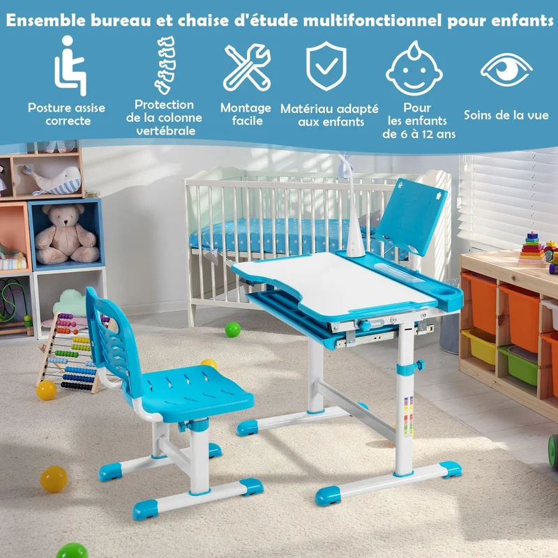 Costway - Bureau Enfant, Chaise Enfant, Table et Chaise Enfant, Bureau Enfant primaire avec Éclairage LED Plateau Incliné, Réglable en Hauteur, Bleu
