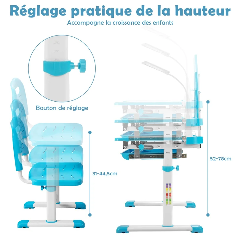 Costway - Bureau Enfant, Chaise Enfant, Table et Chaise Enfant, Bureau Enfant primaire avec Éclairage LED Plateau Incliné, Réglable en Hauteur, Bleu