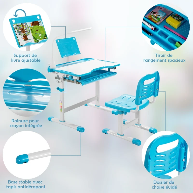 Costway - Bureau Enfant, Chaise Enfant, Table et Chaise Enfant, Bureau Enfant primaire avec Éclairage LED Plateau Incliné, Réglable en Hauteur, Bleu