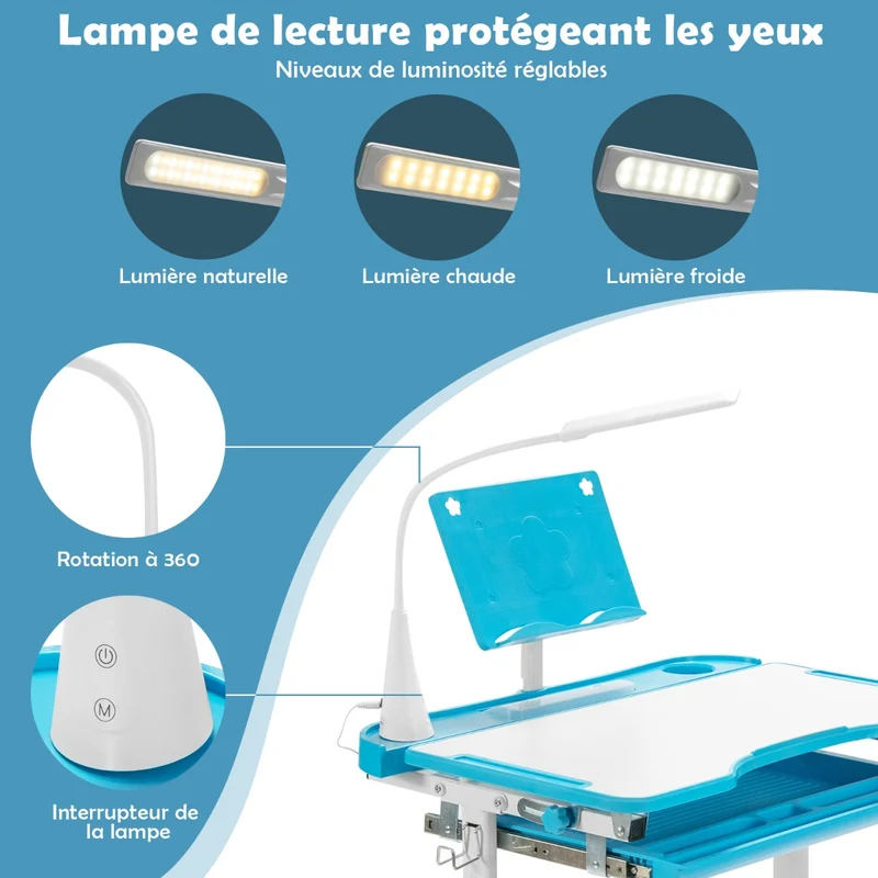 Costway - Bureau Enfant, Chaise Enfant, Table et Chaise Enfant, Bureau Enfant primaire avec Éclairage LED Plateau Incliné, Réglable en Hauteur, Bleu