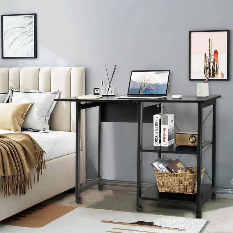 Costway - Table, Petit Bureau, Bureau Pliable, Bureau Ordinateur, Table de Bureau, Poste de Travail avec 6 Roulettes, Bureau d'Etudes, Noir