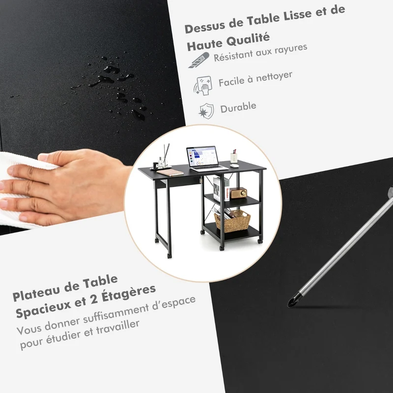 Costway - Table, Petit Bureau, Bureau Pliable, Bureau Ordinateur, Table de Bureau, Poste de Travail avec 6 Roulettes, Bureau d'Etudes, Noir