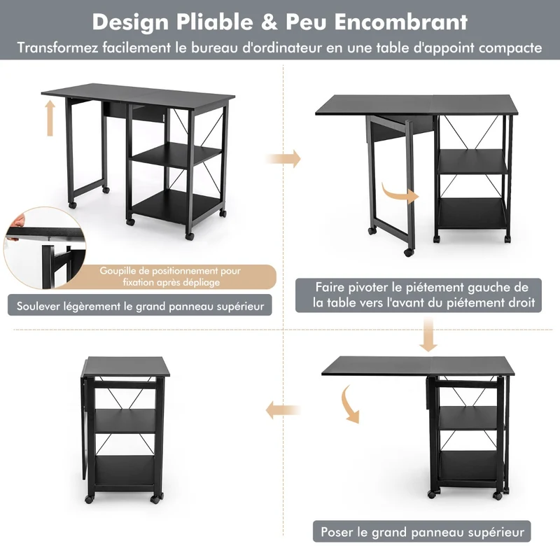 Costway - Table, Petit Bureau, Bureau Pliable, Bureau Ordinateur, Table de Bureau, Poste de Travail avec 6 Roulettes, Bureau d'Etudes, Noir