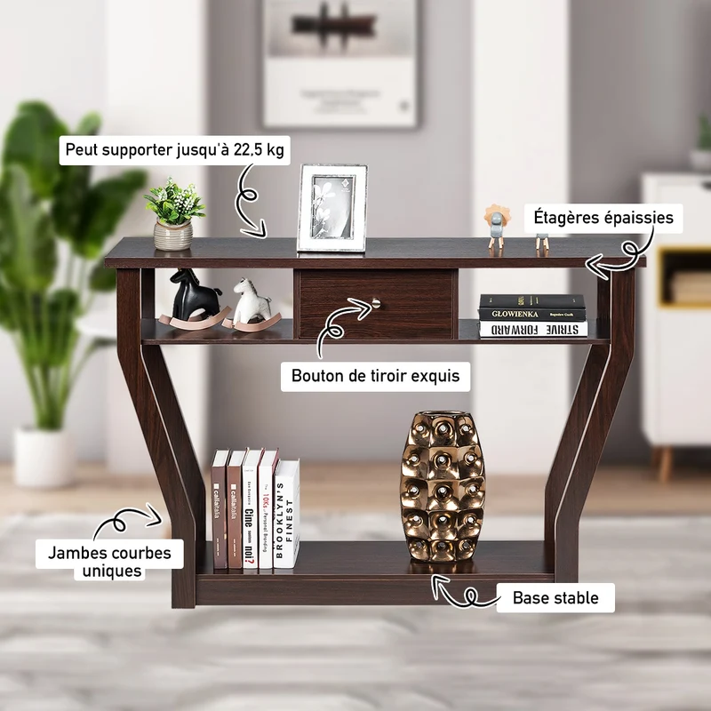 Costway - Console d'entrée, Console Meuble, Table Console, Petite Console Entrée, en MDF avec un Tiroir et 3 Compartiments pour Rangement, Brun