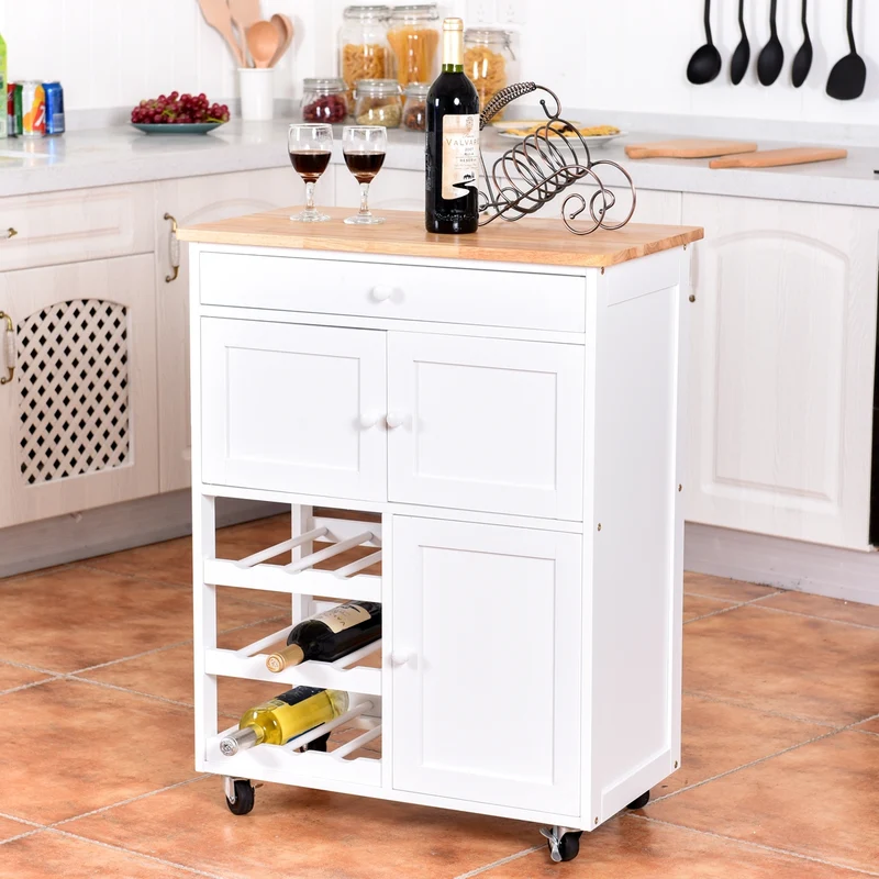Costway - Chariot de Rangement, Ilot de Cuisine, Desserte a Roulette, Desserte Cuisine, Casier a Bouteille, 1 Tiroir, 2 Armoires, Blanc