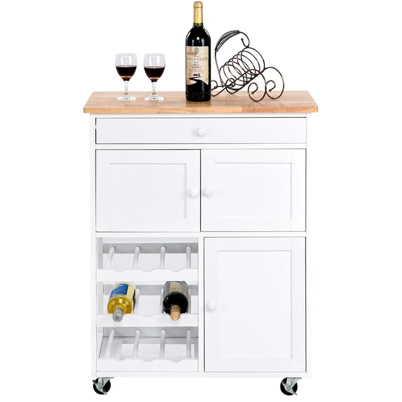 Costway - Chariot de Rangement, Ilot de Cuisine, Desserte a Roulette, Desserte Cuisine, Casier a Bouteille, 1 Tiroir, 2 Armoires, Blanc