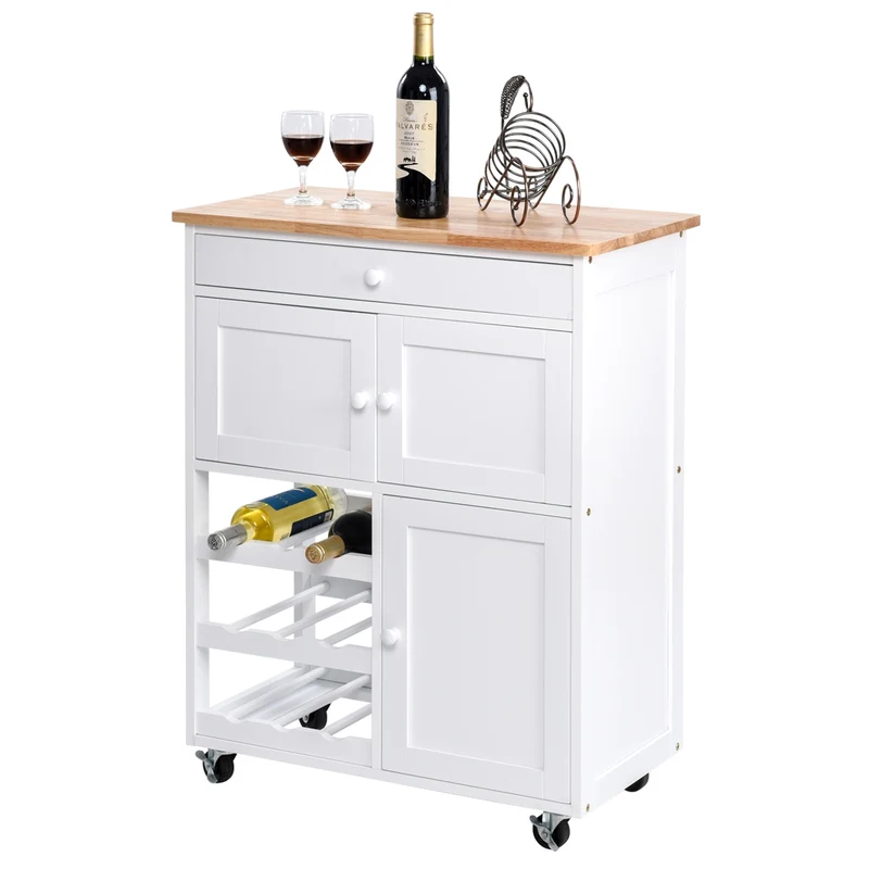 Costway - Chariot de Rangement, Ilot de Cuisine, Desserte a Roulette, Desserte Cuisine, Casier a Bouteille, 1 Tiroir, 2 Armoires, Blanc