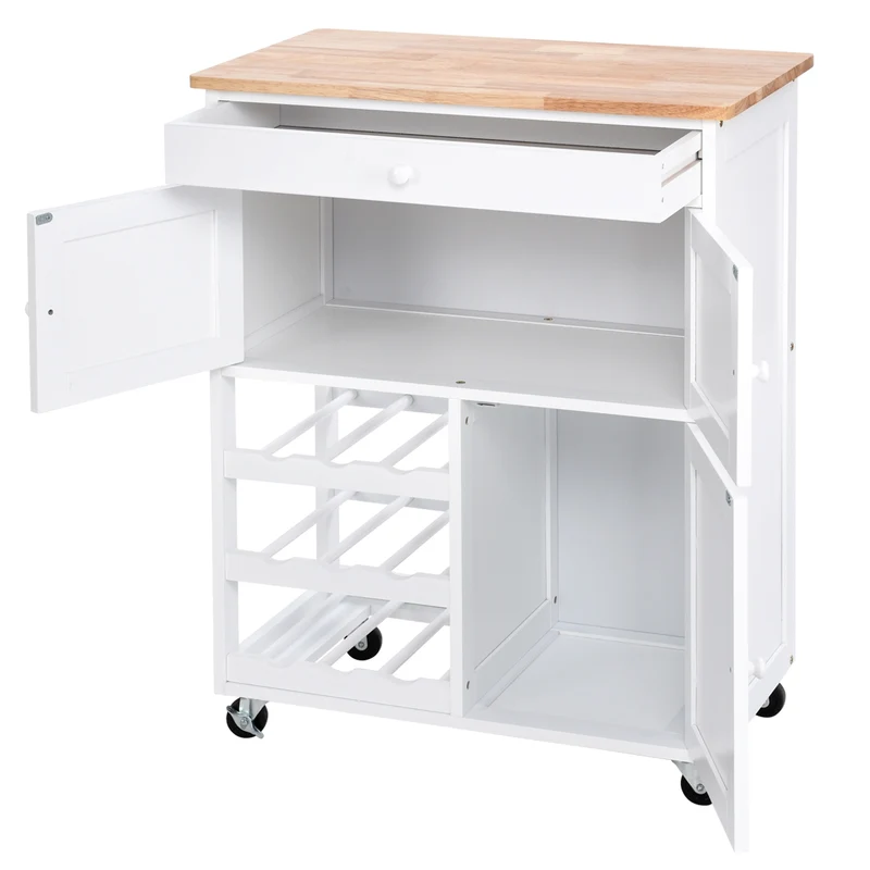 Costway - Chariot de Rangement, Ilot de Cuisine, Desserte a Roulette, Desserte Cuisine, Casier a Bouteille, 1 Tiroir, 2 Armoires, Blanc