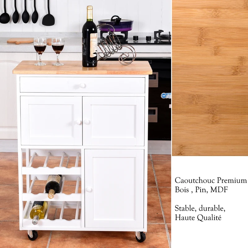 Costway - Chariot de Rangement, Ilot de Cuisine, Desserte a Roulette, Desserte Cuisine, Casier a Bouteille, 1 Tiroir, 2 Armoires, Blanc