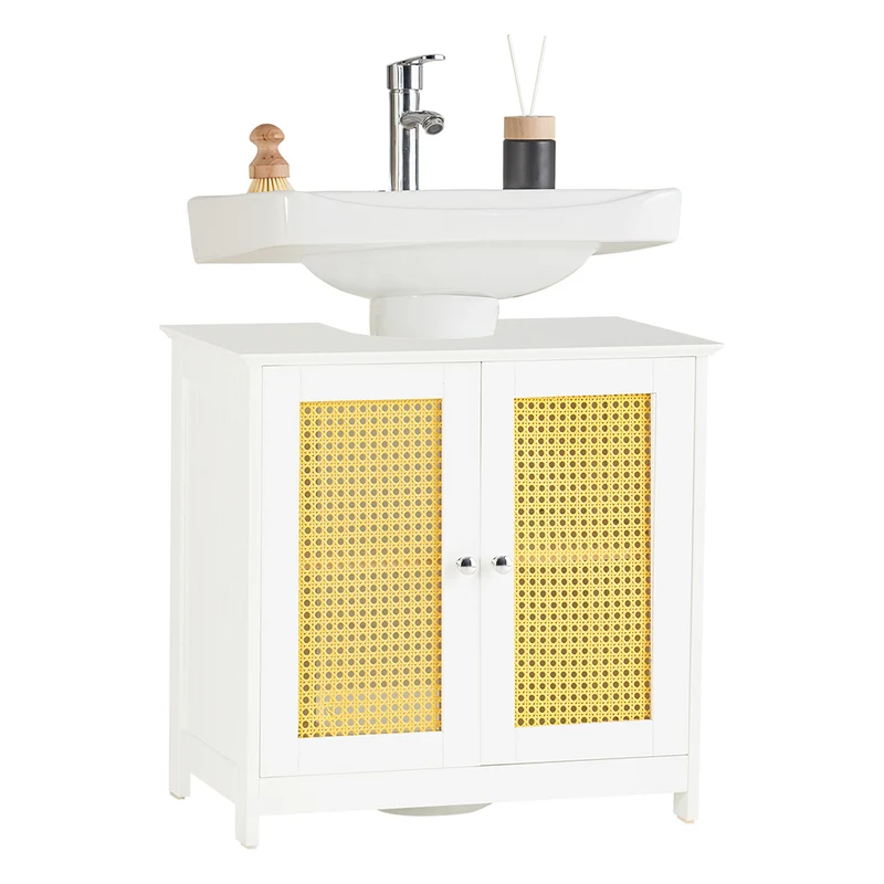 SoBuy BZR72-II-W Meuble sous-Lavabo, Meuble sous-Vasque à 2 étages réglable et 2 Portes en Ploy Rotin, Vasque Housse Colonne lavabo