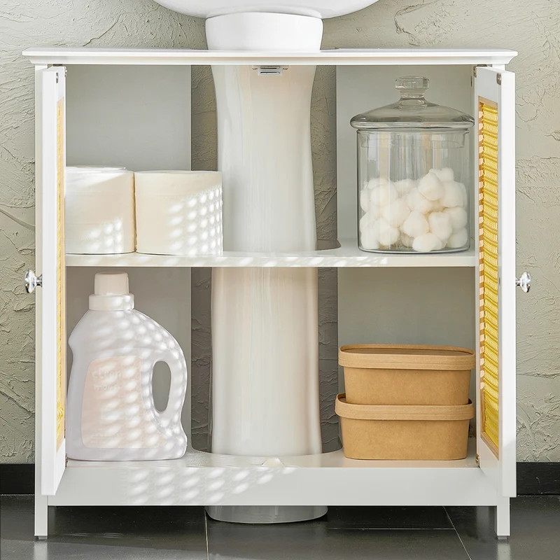 SoBuy BZR72-II-W Meuble sous-Lavabo, Meuble sous-Vasque à 2 étages réglable et 2 Portes en Ploy Rotin, Vasque Housse Colonne lavabo