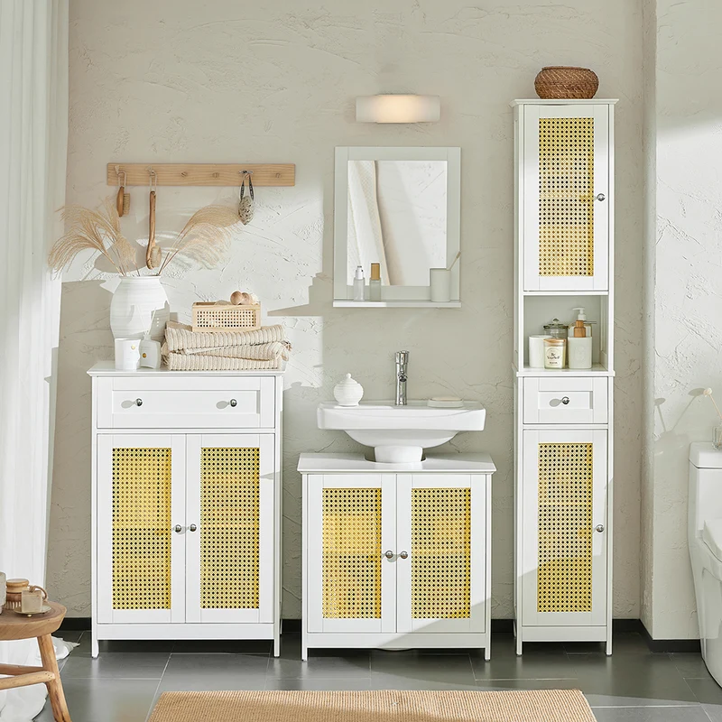 SoBuy BZR72-II-W Meuble sous-Lavabo, Meuble sous-Vasque à 2 étages réglable et 2 Portes en Ploy Rotin, Vasque Housse Colonne lavabo