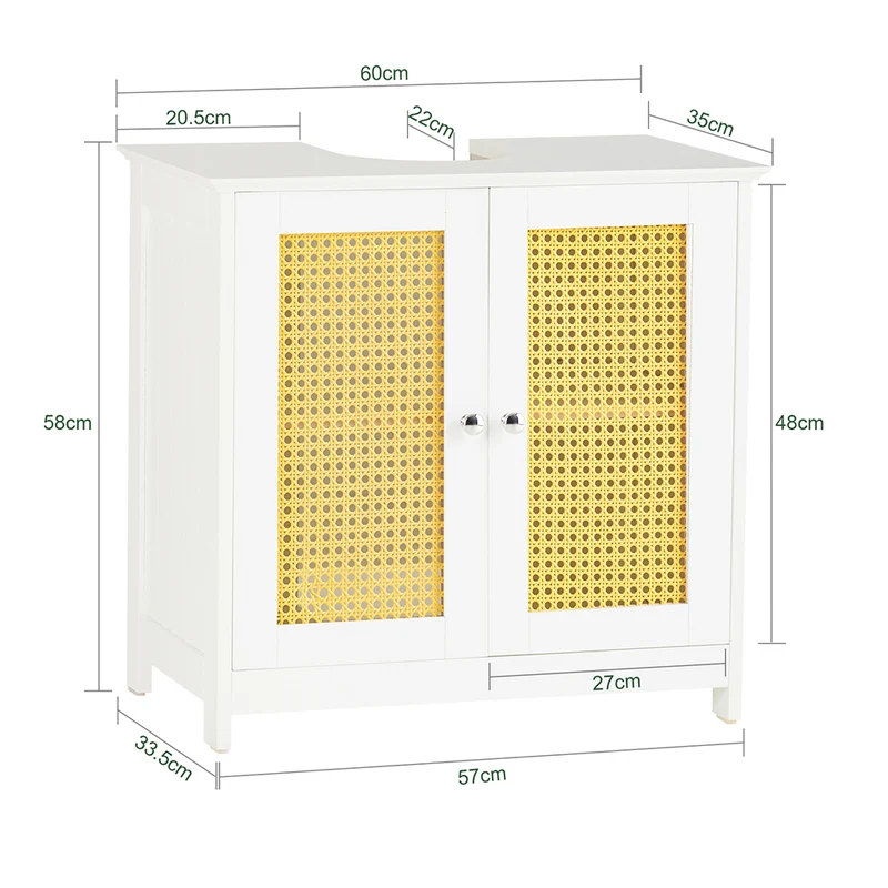 SoBuy BZR72-II-W Meuble sous-Lavabo, Meuble sous-Vasque à 2 étages réglable et 2 Portes en Ploy Rotin, Vasque Housse Colonne lavabo