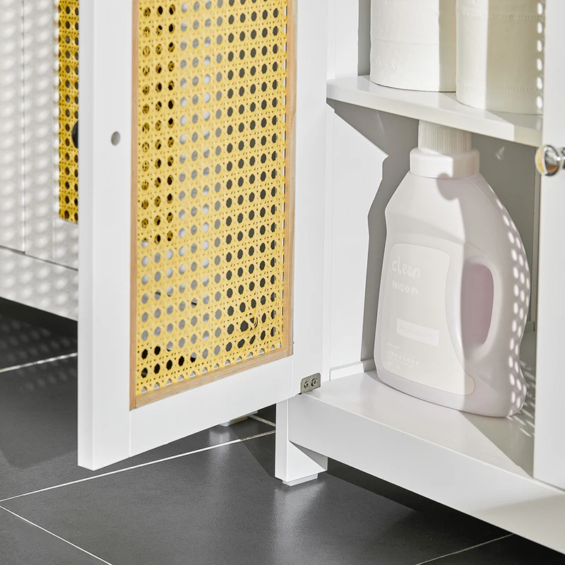 SoBuy BZR72-II-W Meuble sous-Lavabo, Meuble sous-Vasque à 2 étages réglable et 2 Portes en Ploy Rotin, Vasque Housse Colonne lavabo