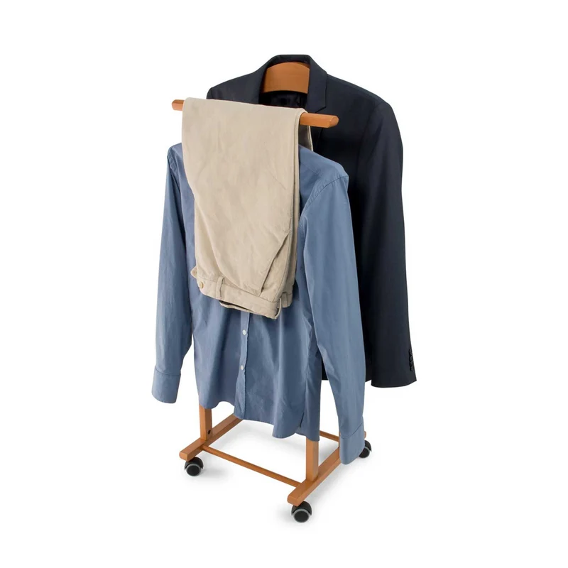 ARIT - Valet Vetement TRENDY, Valet de Chambre Bois, composé de 2 cintres et d'un porte-pantalon, pieds en caoutchouc à la base - Couleur cerise