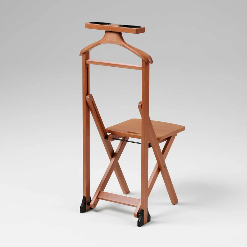 ARIT - Chaise Valet de Chambre Design DUKA, Valet de Chambre Bois, Cintre, Porte-Pantalon, Tablette de Rangement, Siège en Hêtre - Couleur Cerise