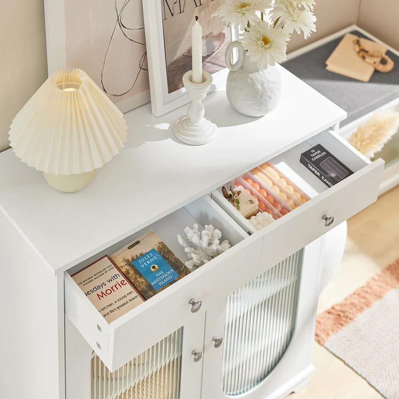 SoBuy FSB68-W Meuble d’Entrée avec Rangement Chaussures Intégré – 2 Portes Vitrées et 2 Tiroirs – Entrée Organisée – 80x35x90 cm Blanc
