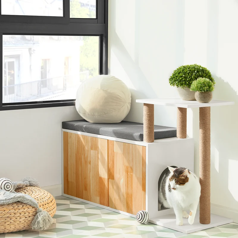 SoBuy FSR135-WN Banc à Litière pour Chat avec Griffoir, Meuble Litière Chat, Maison de Toilette Chat avec Deux Portes et Accès Latéral