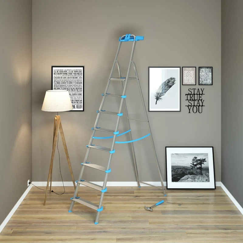 Colombo ATLANTICA - Escabeau professionnel pliable 8 marches extra-larges de 12 cm, plateau porte-outils, charge maximale de 150 kg, aluminium