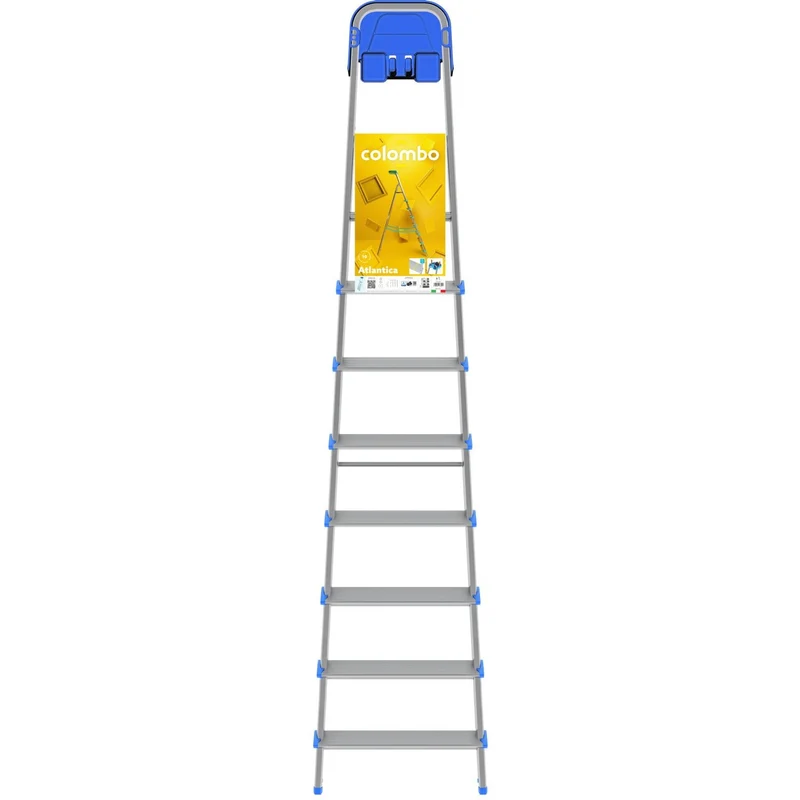 Colombo ATLANTICA - Escabeau professionnel pliable 8 marches extra-larges de 12 cm, plateau porte-outils, charge maximale de 150 kg, aluminium