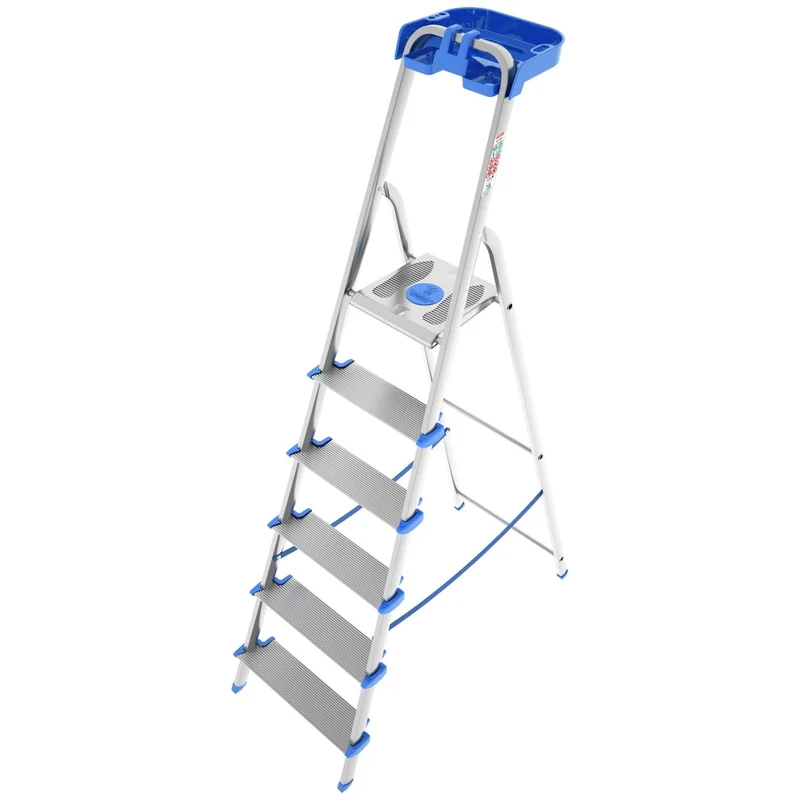 Colombo ATLANTICA - Escabeau, 6 marches, Escabeau Sécurisé, Pliable, marche extra large 12cm, avec bac de rangement, charge max. 150kg, aluminium