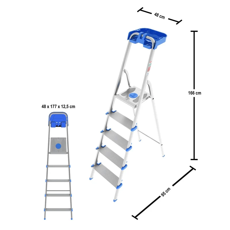 Colombo ATLANTICA - Escabeau, Escabeau 5 marches, Escabeau Pliable, marche extra large 12cm, avec bac de rangement, charge max. 150kg, aluminium
