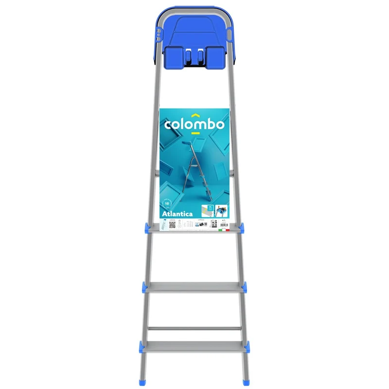 Colombo ATLANTICA - Escabeau pliable 4 marches extra-larges de 12 cm, plateau porte-outils, charge maximale de 150 kg, aluminium
