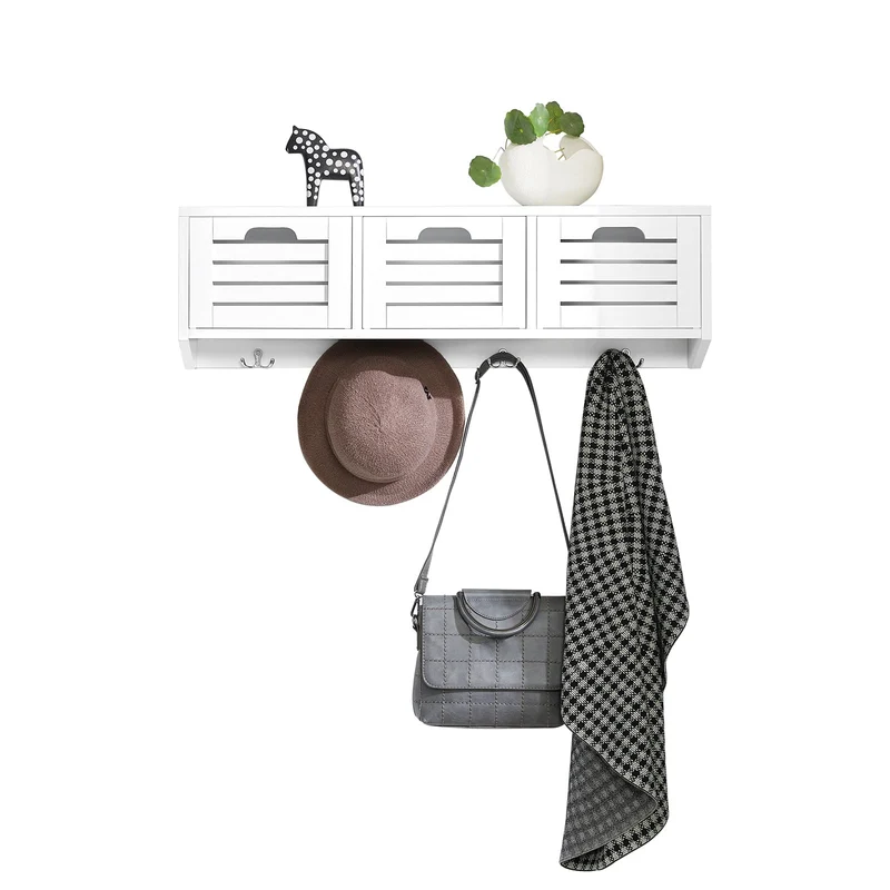 SoBuy FHK19-W Porte-manteau Étagère murale Meuble d’Entrée Patères Étagère Suspendue Vestiaire avec 3 paniers et 4 crochets 80x20x25 cm