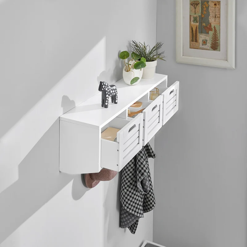 SoBuy FHK19-W Porte-manteau Étagère murale Meuble d’Entrée Patères Étagère Suspendue Vestiaire avec 3 paniers et 4 crochets 80x20x25 cm