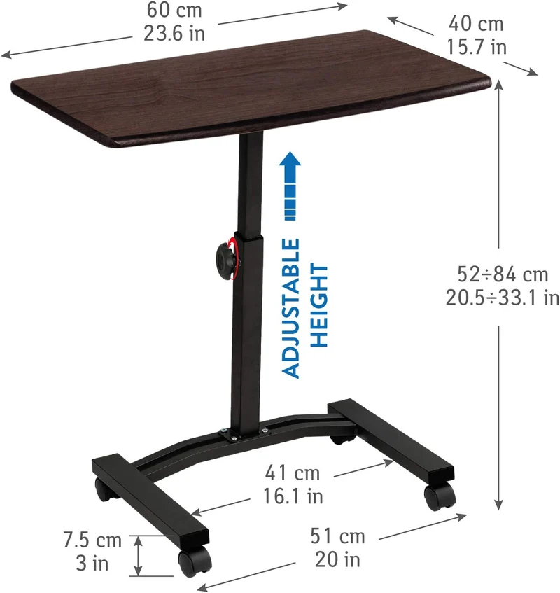 Tatkraft Salute - Table de lit roulante pour ordinateur portable, hauteur réglable, freins intégrés, plateau de 60 × 40 cm en acajou brun foncé