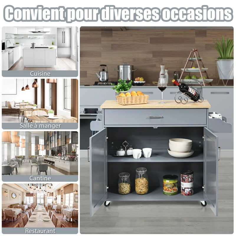 Costway - Chariot de Rangement, Ilot de Cuisine, Desserte a Roulette, Desserte Cuisine, Desserte micro onde, avec Grand Placard Tiroir, Gris