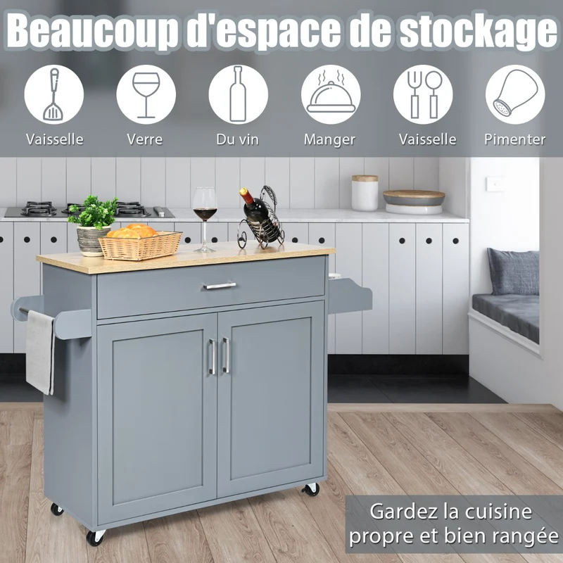 Costway - Chariot de Rangement, Ilot de Cuisine, Desserte a Roulette, Desserte Cuisine, Desserte micro onde, avec Grand Placard Tiroir, Gris