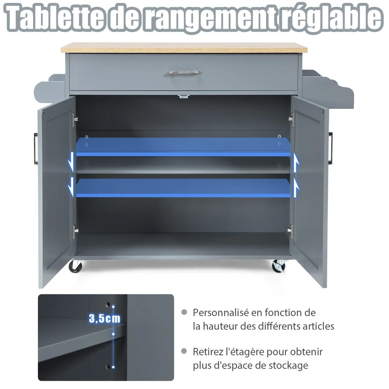 Costway - Chariot de Rangement, Ilot de Cuisine, Desserte a Roulette, Desserte Cuisine, Desserte micro onde, avec Grand Placard Tiroir, Gris