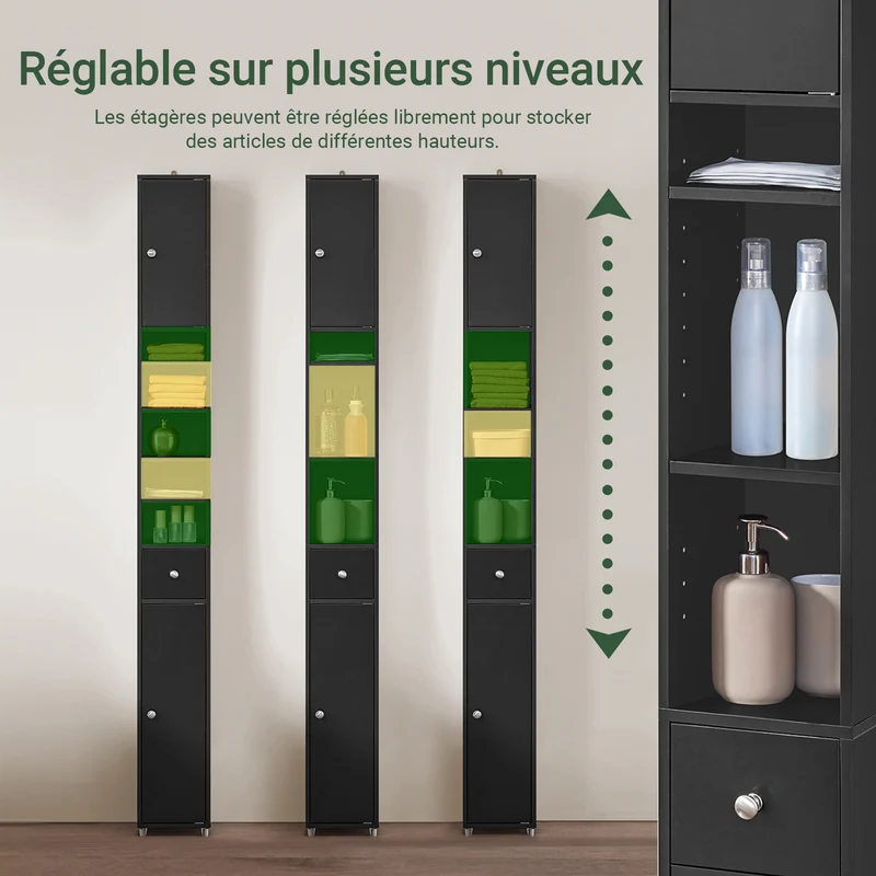 SoBuy BZR34-SCH Colonne Salle de Bain avec Tiroir et Étagères Réglables, Format Compact, Gain de Place, pour Salle de Bain et WC – L20×P20×H180 cm, MDF, Noir