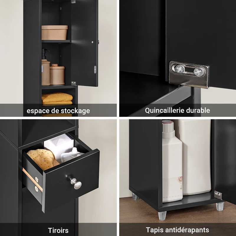 SoBuy BZR34-SCH Colonne Salle de Bain avec Tiroir et Étagères Réglables, Format Compact, Gain de Place, pour Salle de Bain et WC – L20×P20×H180 cm, MDF, Noir