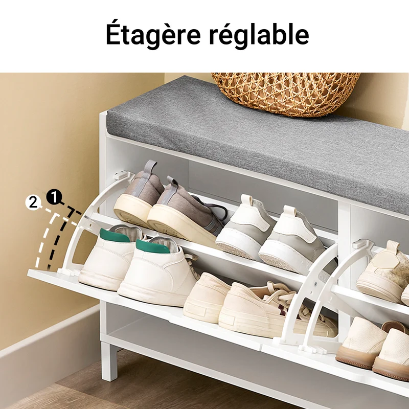 SoBuy FSR151-L-W Banc à Chaussures avec 4 Compartiments et Coussin Confortable, pour Entrée et Couloir, Compact – L105×P24×H52 cm, Charge 250 kg, Bois, Blanc