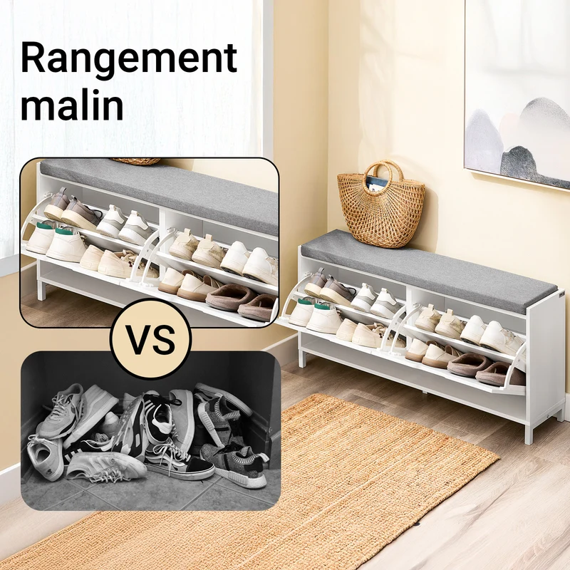 SoBuy FSR151-L-W Banc à Chaussures avec 4 Compartiments et Coussin Confortable, pour Entrée et Couloir, Compact – L105×P24×H52 cm, Charge 250 kg, Bois, Blanc
